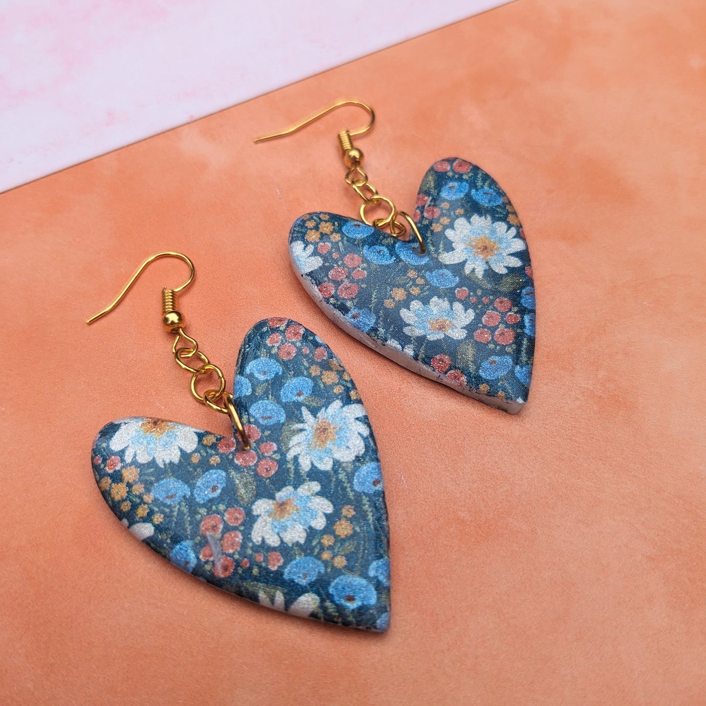 Sparkly Blue Floral Heart Drop Earrings