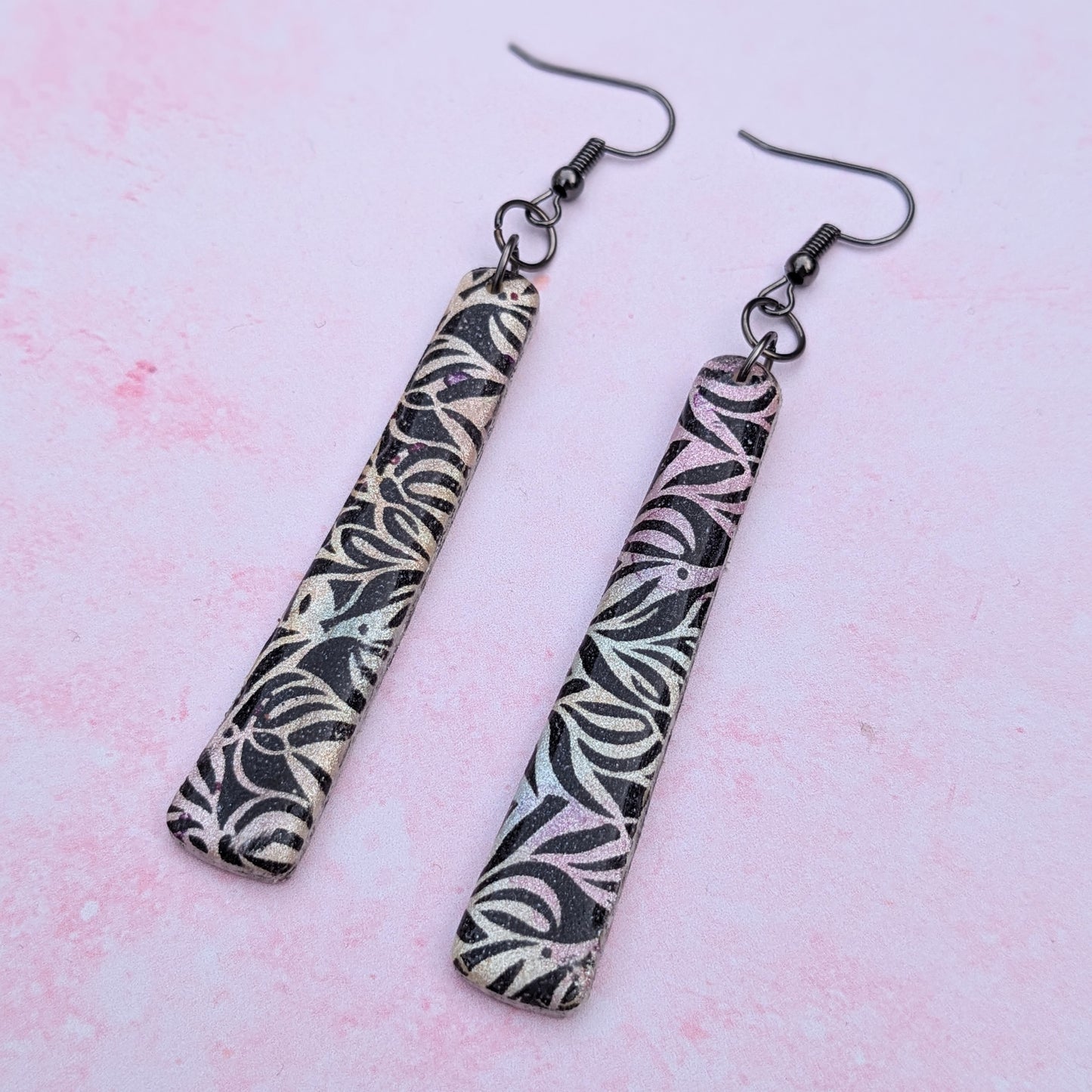 Sparkly Black and White Pastel Rainbow Long Drop Earrings