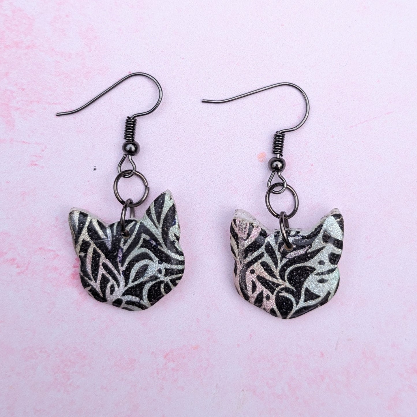 Black and White Print Pastel Rainbow Cat Earrings