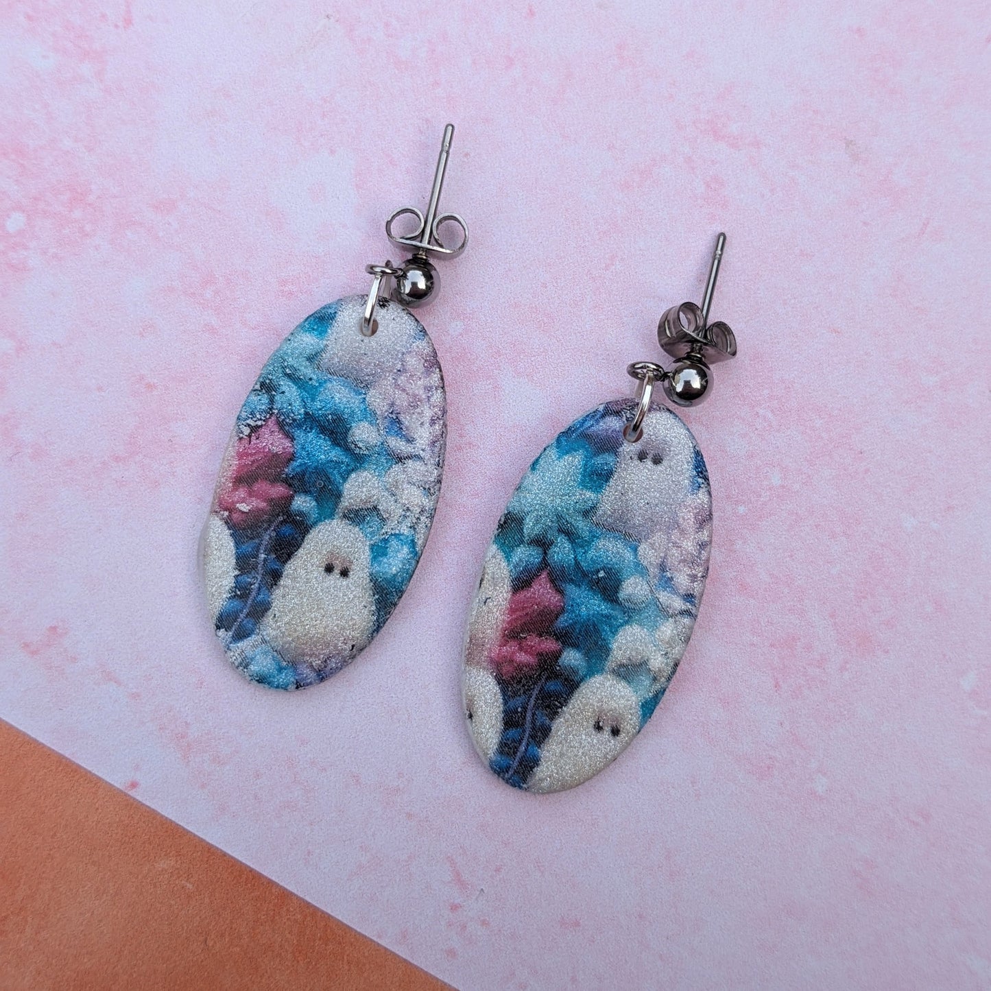 Floral Ghost Print Oval Drop Earrings