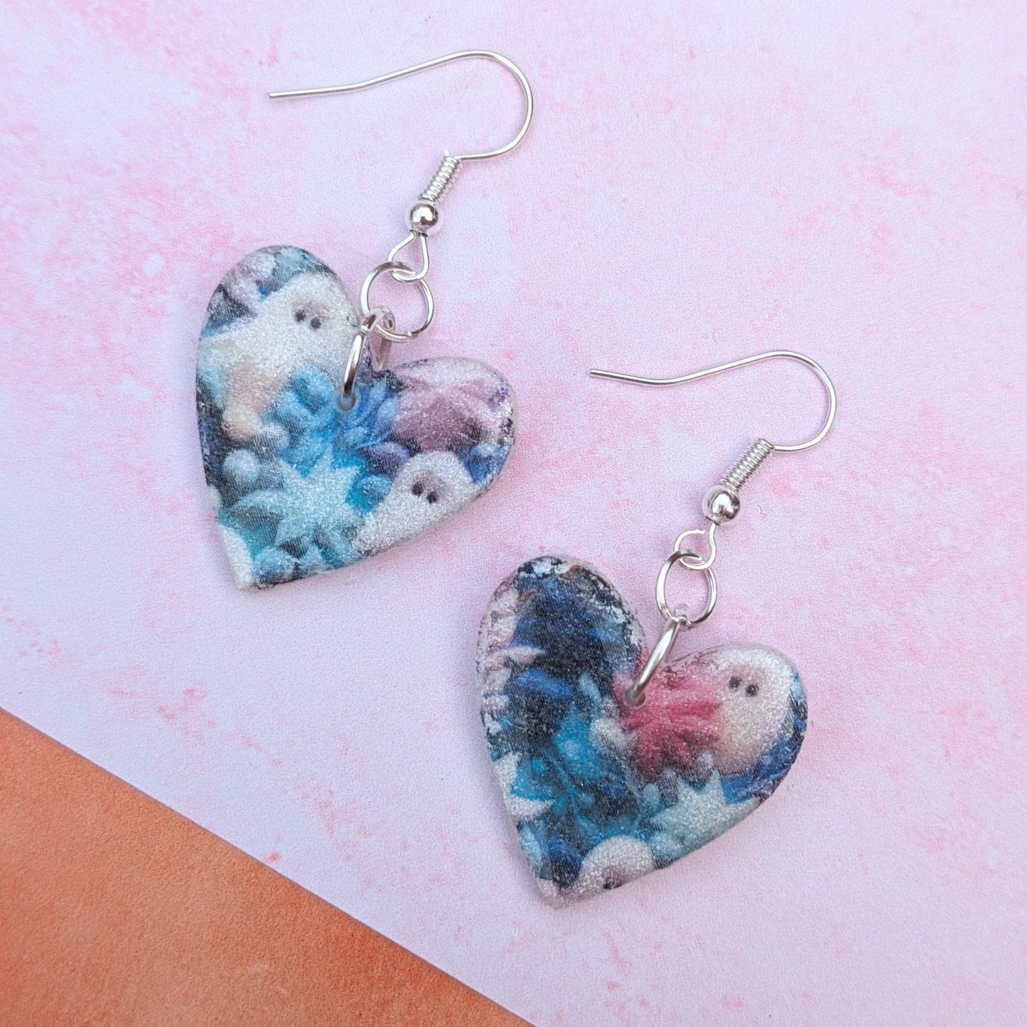 Floral Ghost Print Heart Drop Earrings