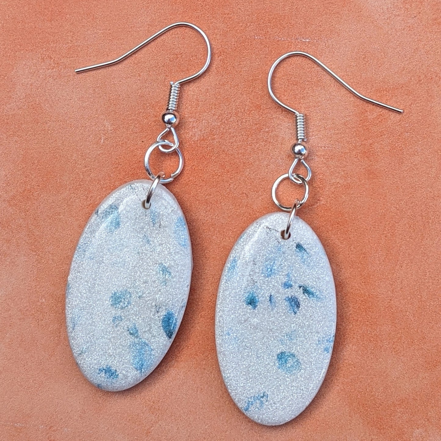 Sparkly White and Blue Floral Oval Drop Earrings