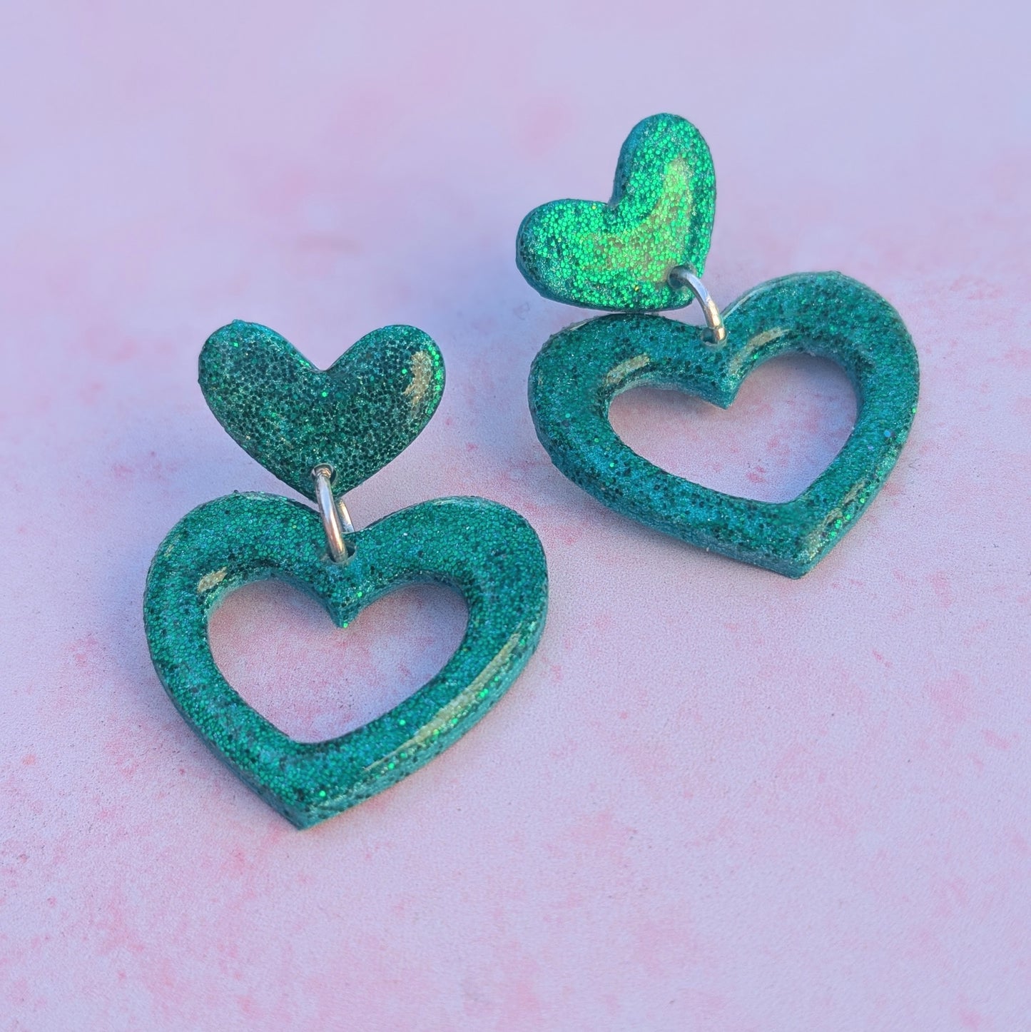 Green Sparkle Double Heart Earrings