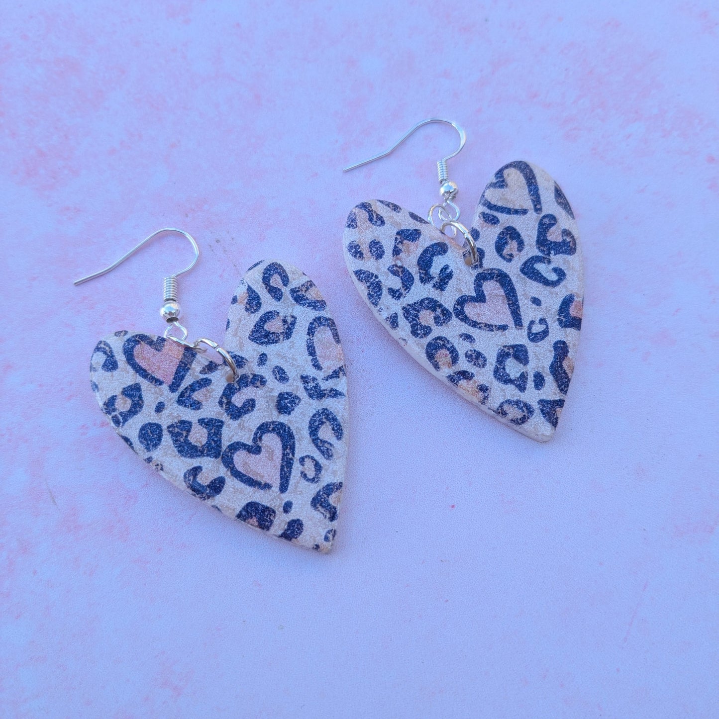 Pastel Pink Heart Animal Print Heart Earrings