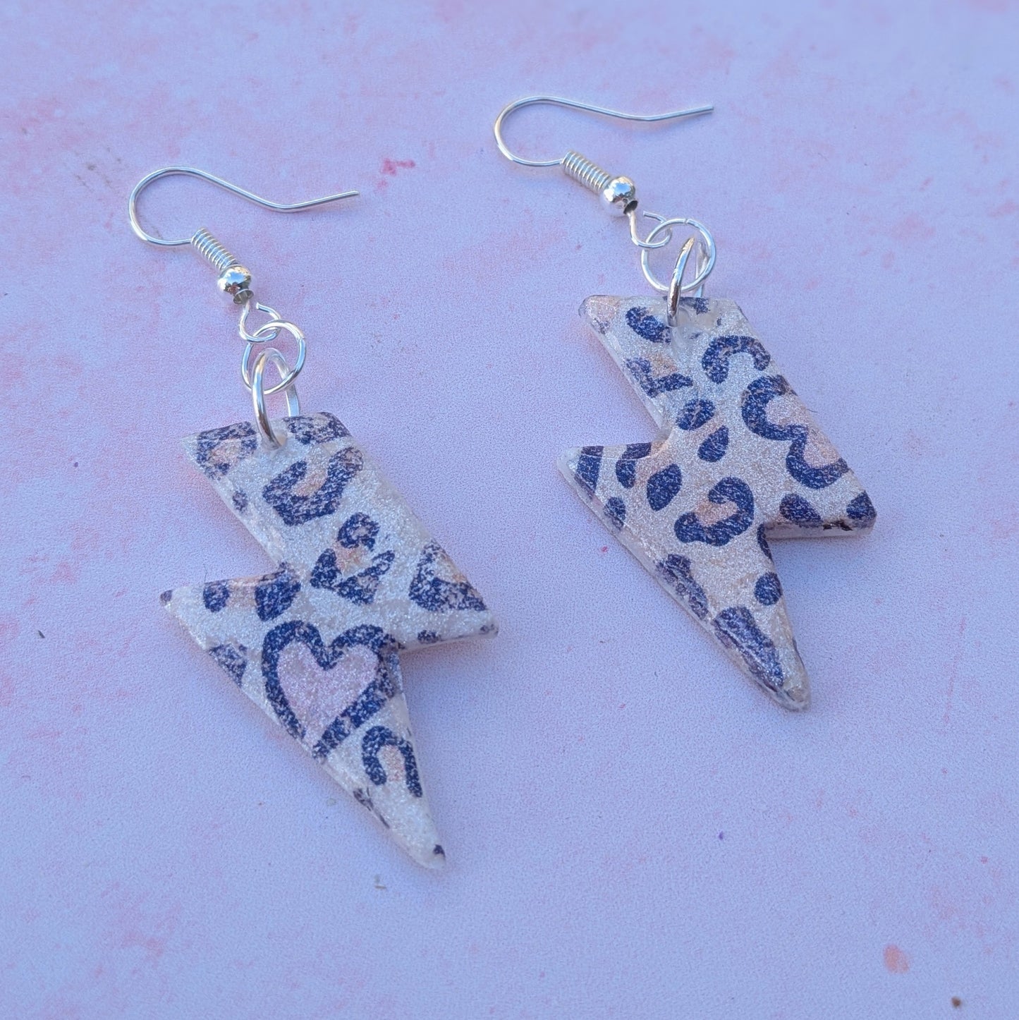 Pastel Pink Heart Animal Print Lightning Bolts Earrings