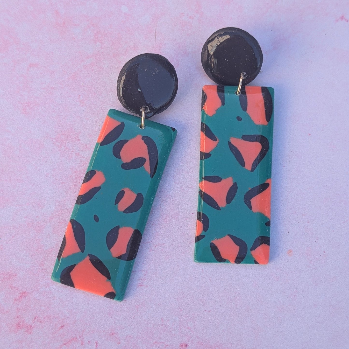 Green & Coral Leopard Print Rectangle Stud Drops