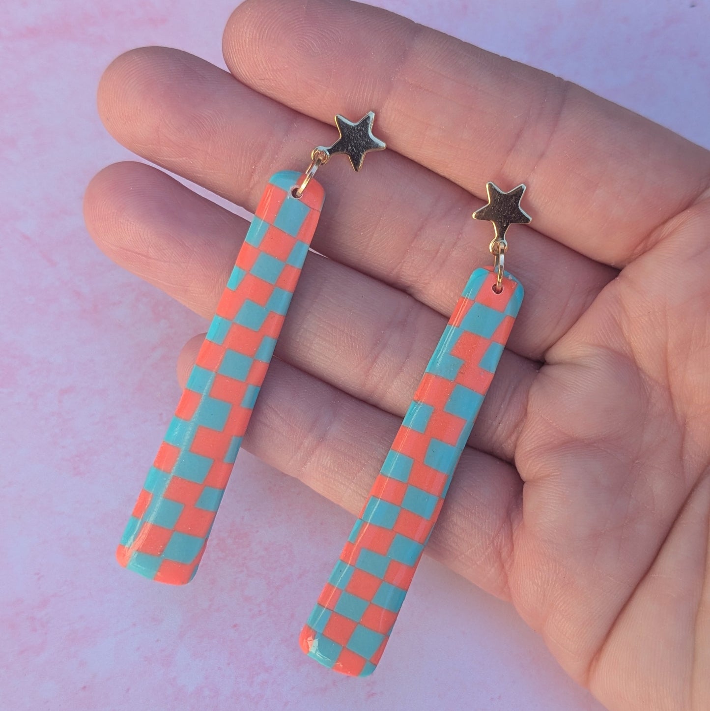 Coral & Turquoise Long Chequered Stud Drops