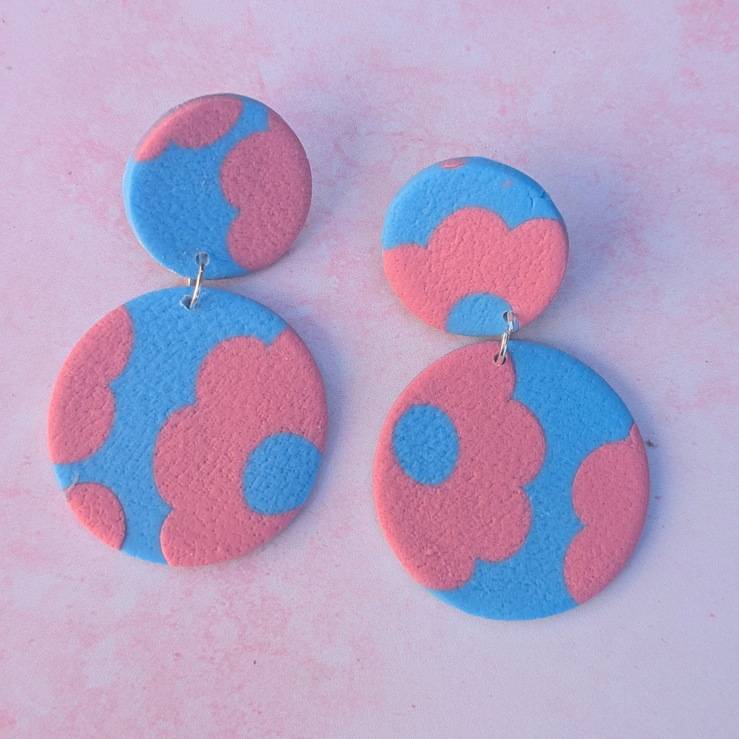 Pink & Blue Floral Print Circle Stud Drops