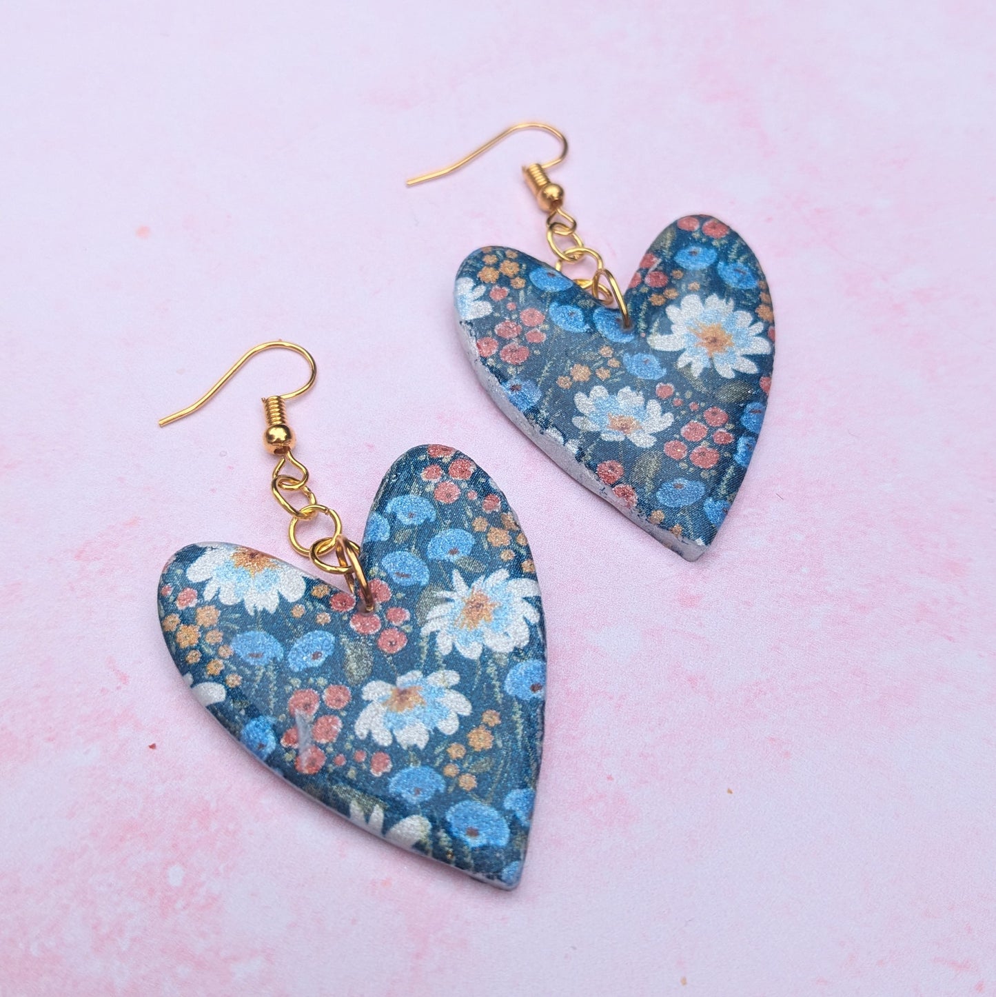 Sparkly Blue Floral Heart Drop Earrings