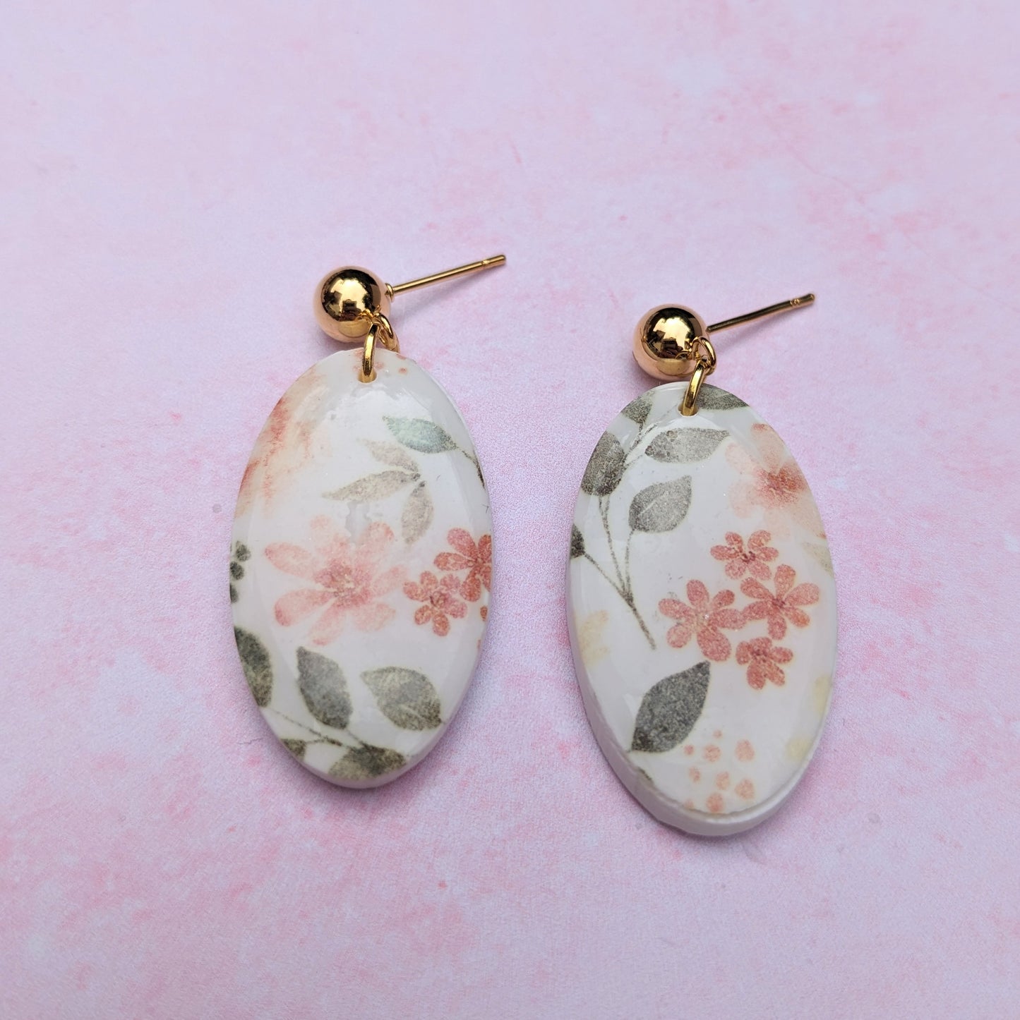 Pastel Floral Oval Gold Stud Drop Earrings
