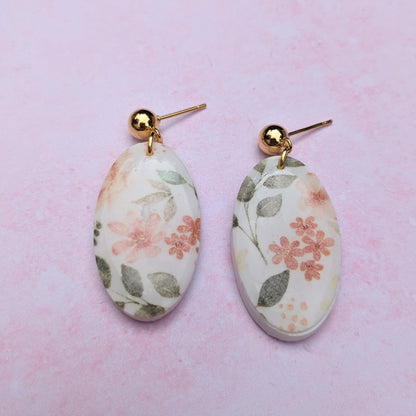 Pastel Floral Oval Gold Stud Drop Earrings