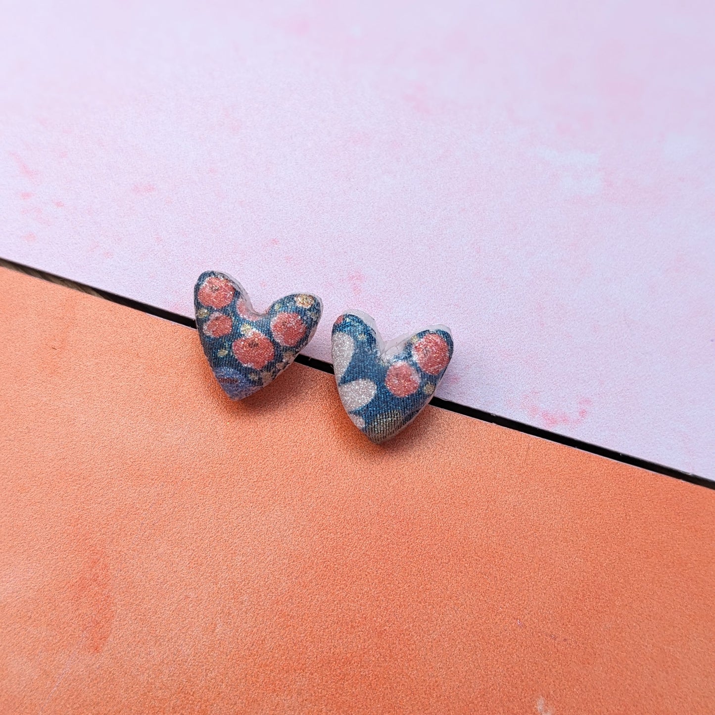 Blue Floral Heart Stud Earrings
