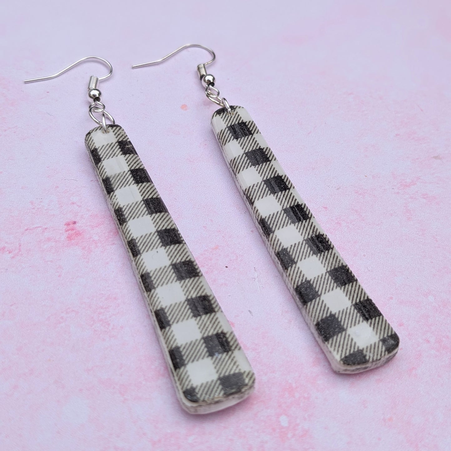 Black and White Chequered Long Drop Earrings
