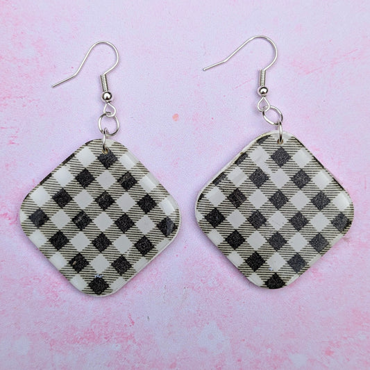 Black and White Chequered Soft Diamond Drop Earrings