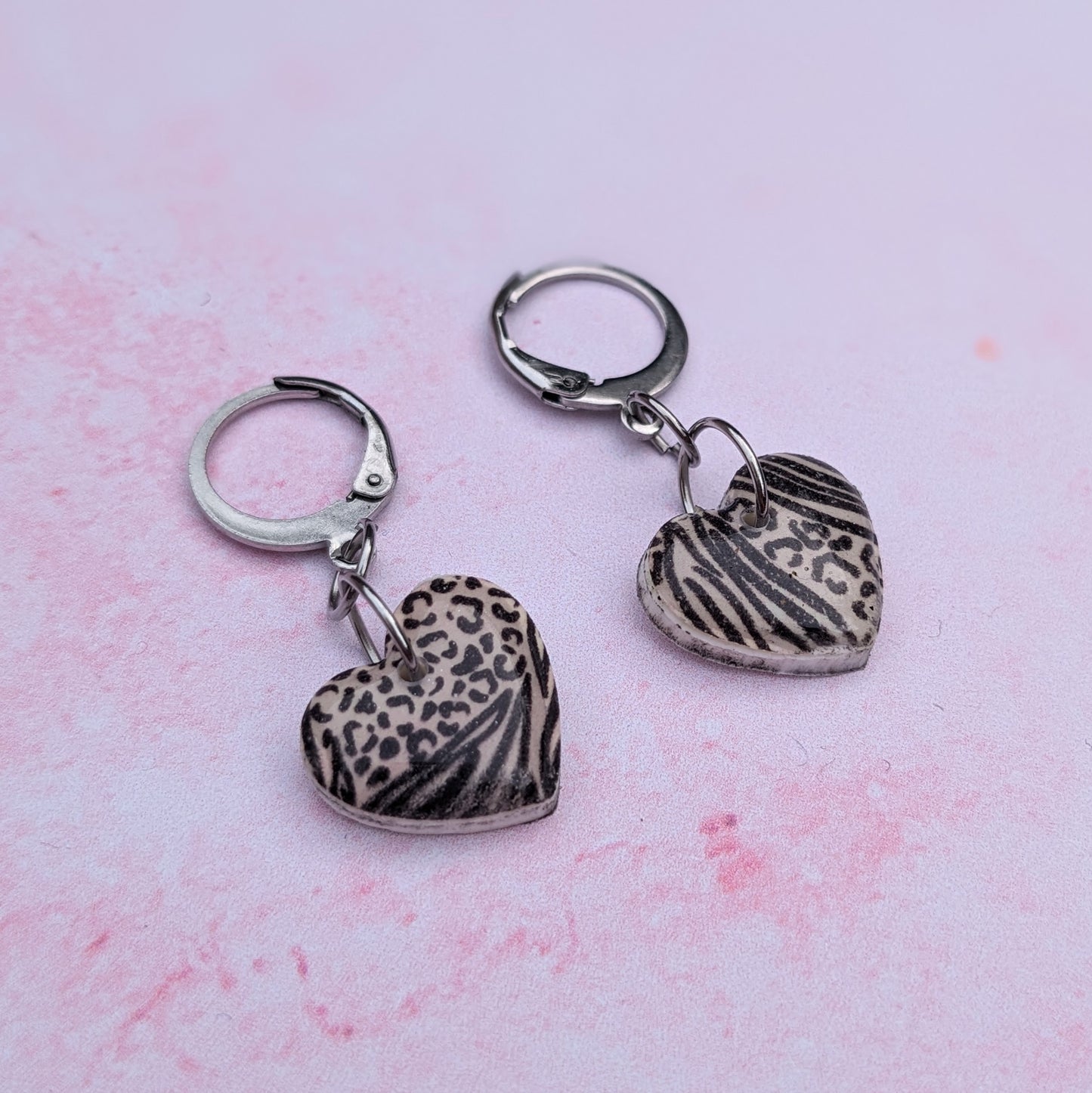 Leopard and Zebra Print Heart Huggie Earrings
