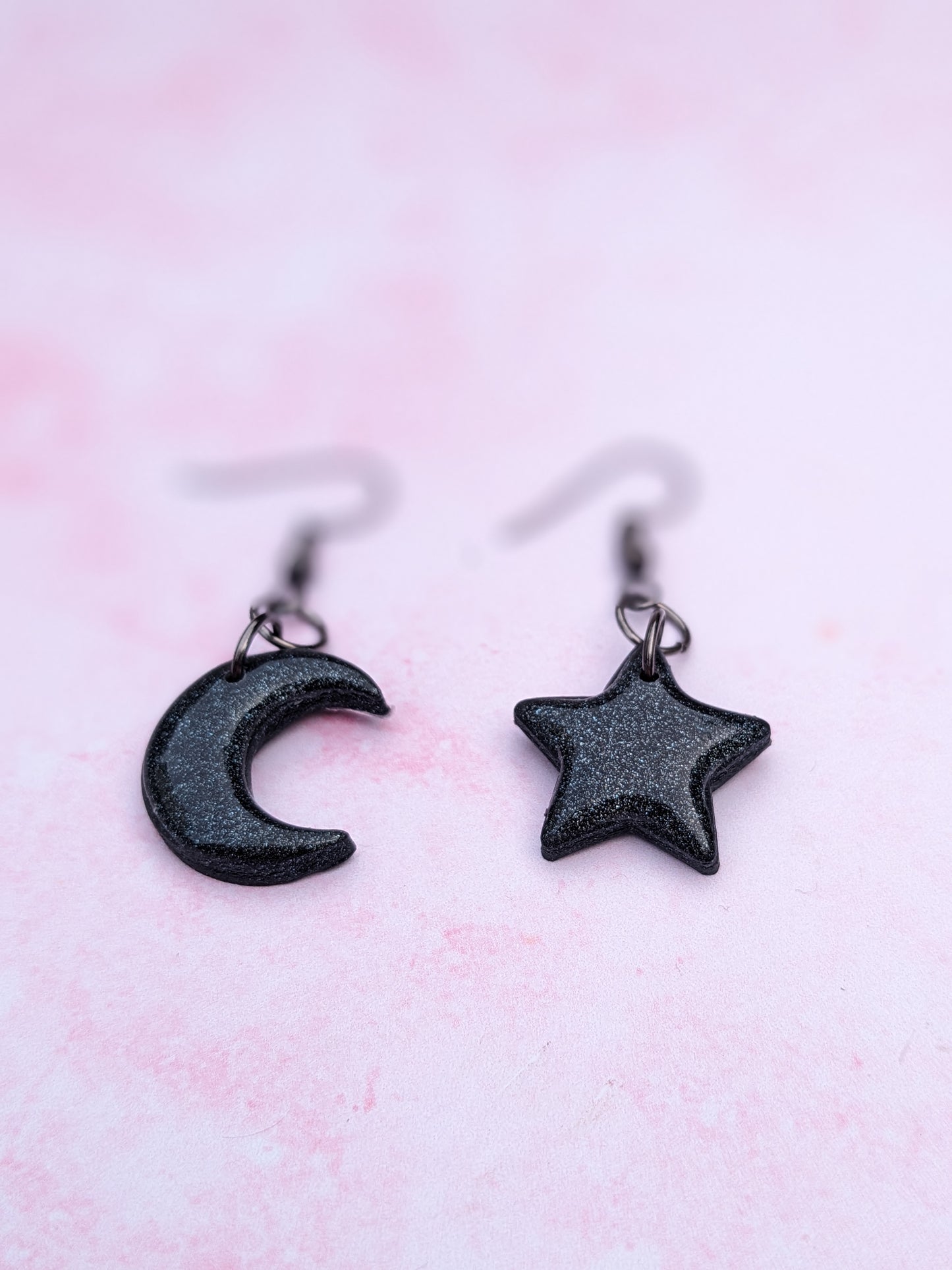 Black Star and Moon Drop Earrings