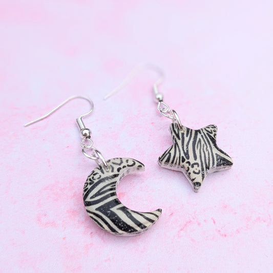 Leopard and Zebra Print Star & Moon Earrings