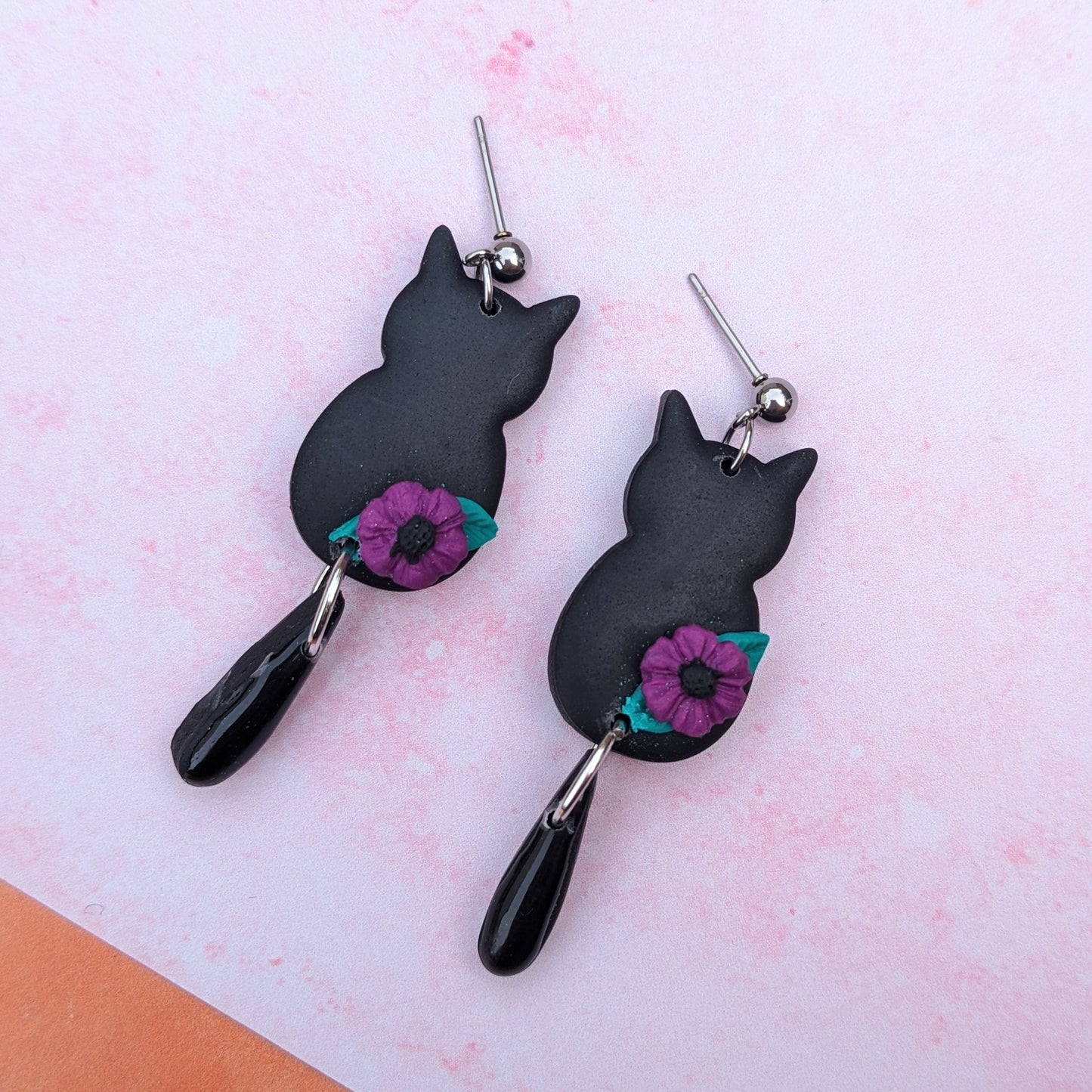 Cat & Tail Flower Drop Earrings