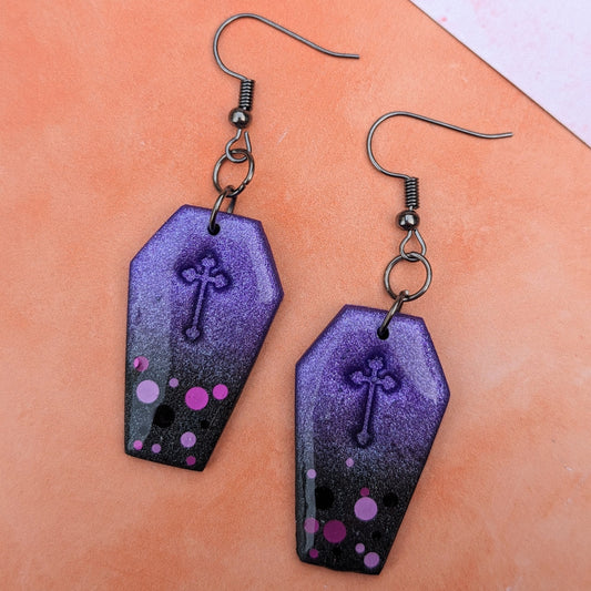 Black and Purple Coffin Drop Earrings