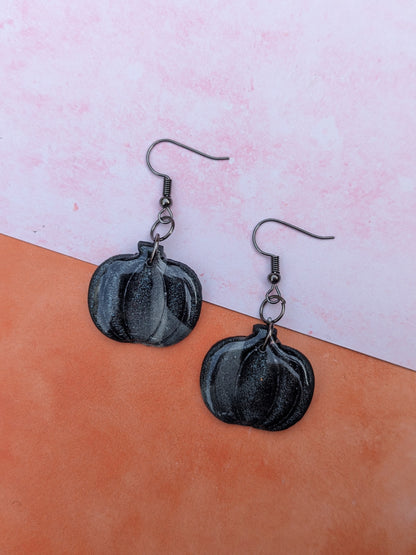Black Shimmer Pumpkin Drop Earrings