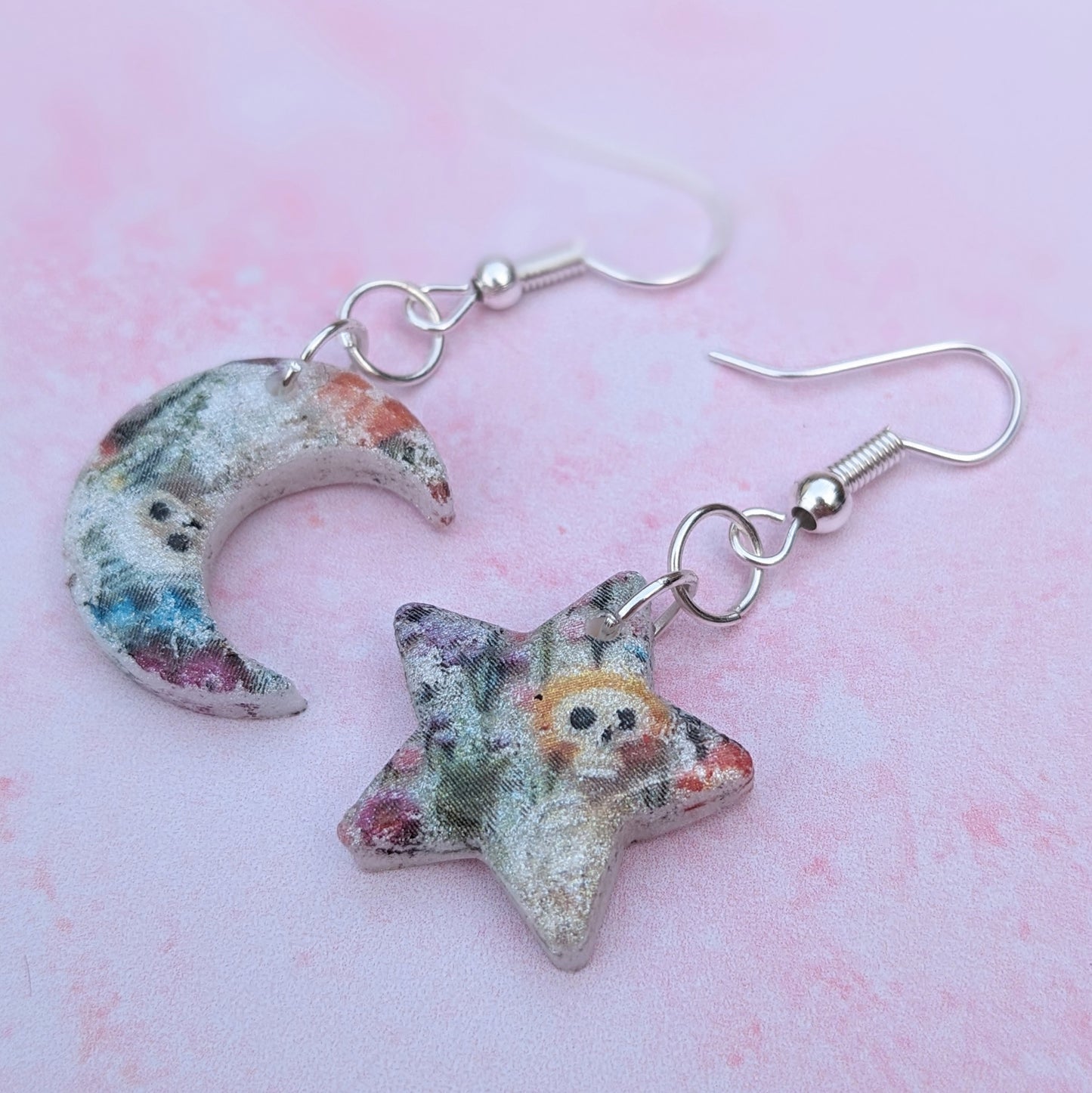 Floral  Skeleton Print Star & Moon Earrings