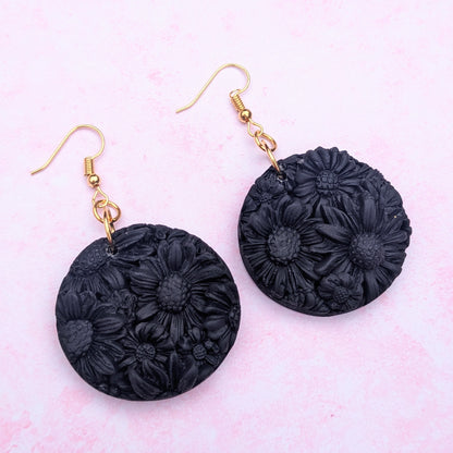 Black Floral Circle Drop Earrings