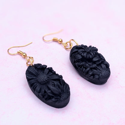 Black Floral Oval Drop Earrings