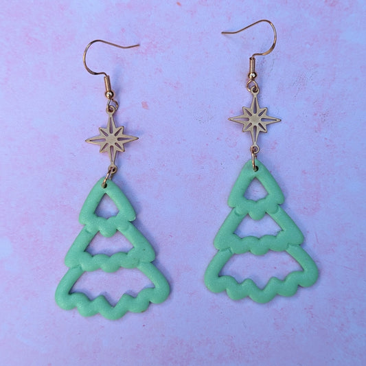 Pastel Green Christmas Tree Skeleton Drop Earrings with Star