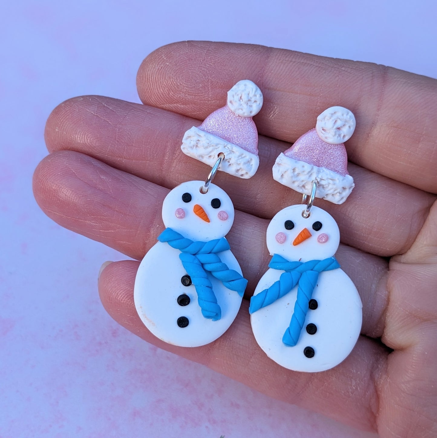 Pink & Blue Snow Person Hat Stud Drop Earrings