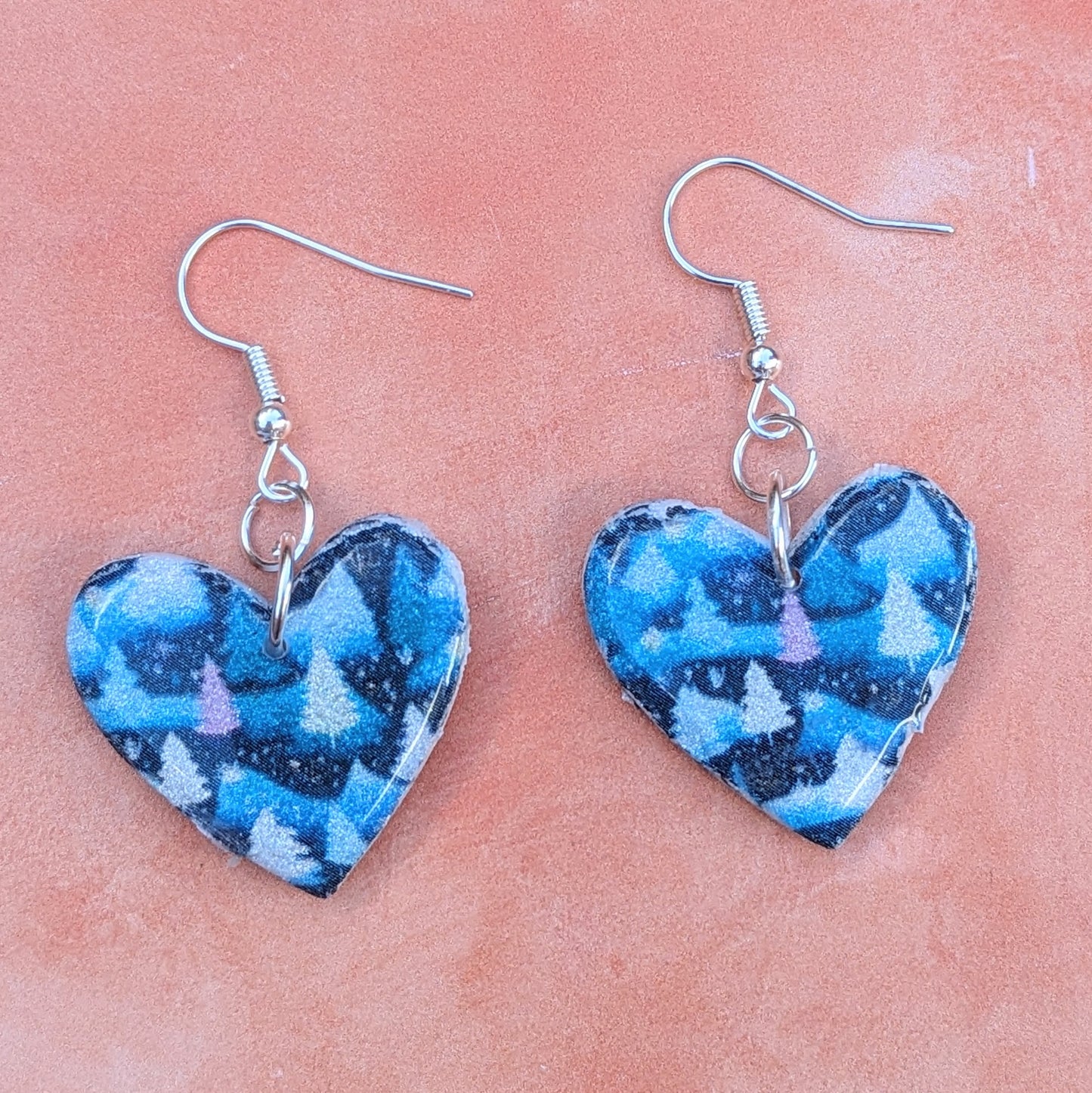 Pink, White and Blue Christmas Tree Print Heart Drop Earrings