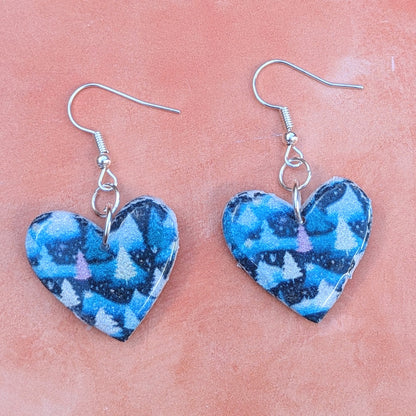 Pink, White and Blue Christmas Tree Print Heart Drop Earrings