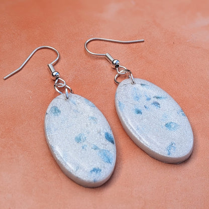 Sparkly White and Blue Floral Oval Drop Earrings