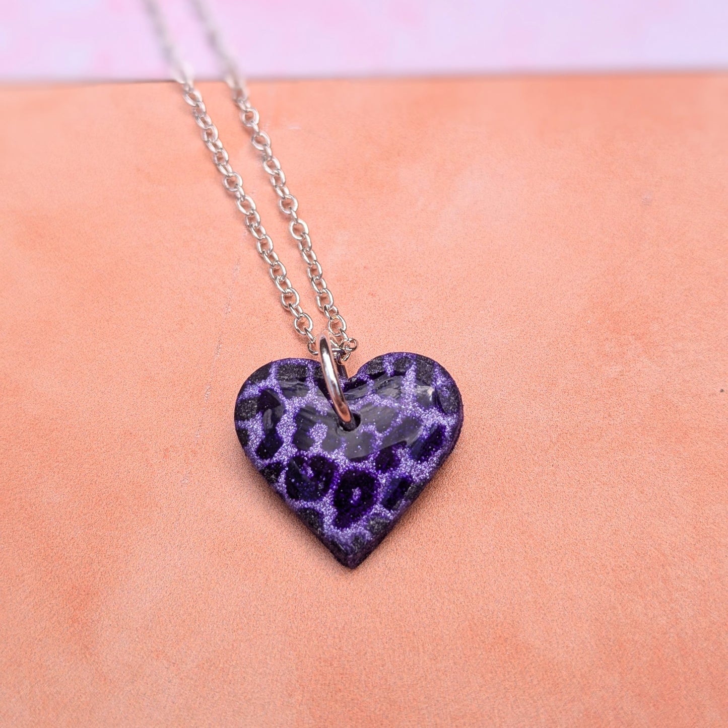 Purple Leopard Print Heart Necklace