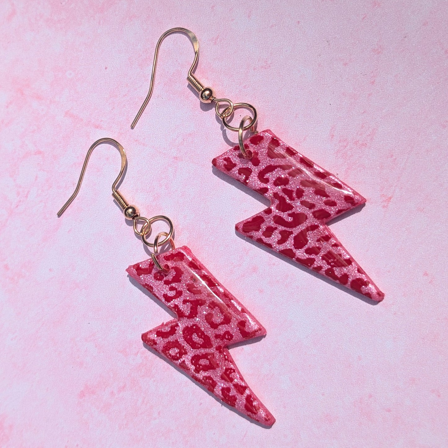 Pink and Red Leopard Print Lightning Bolt Earrings