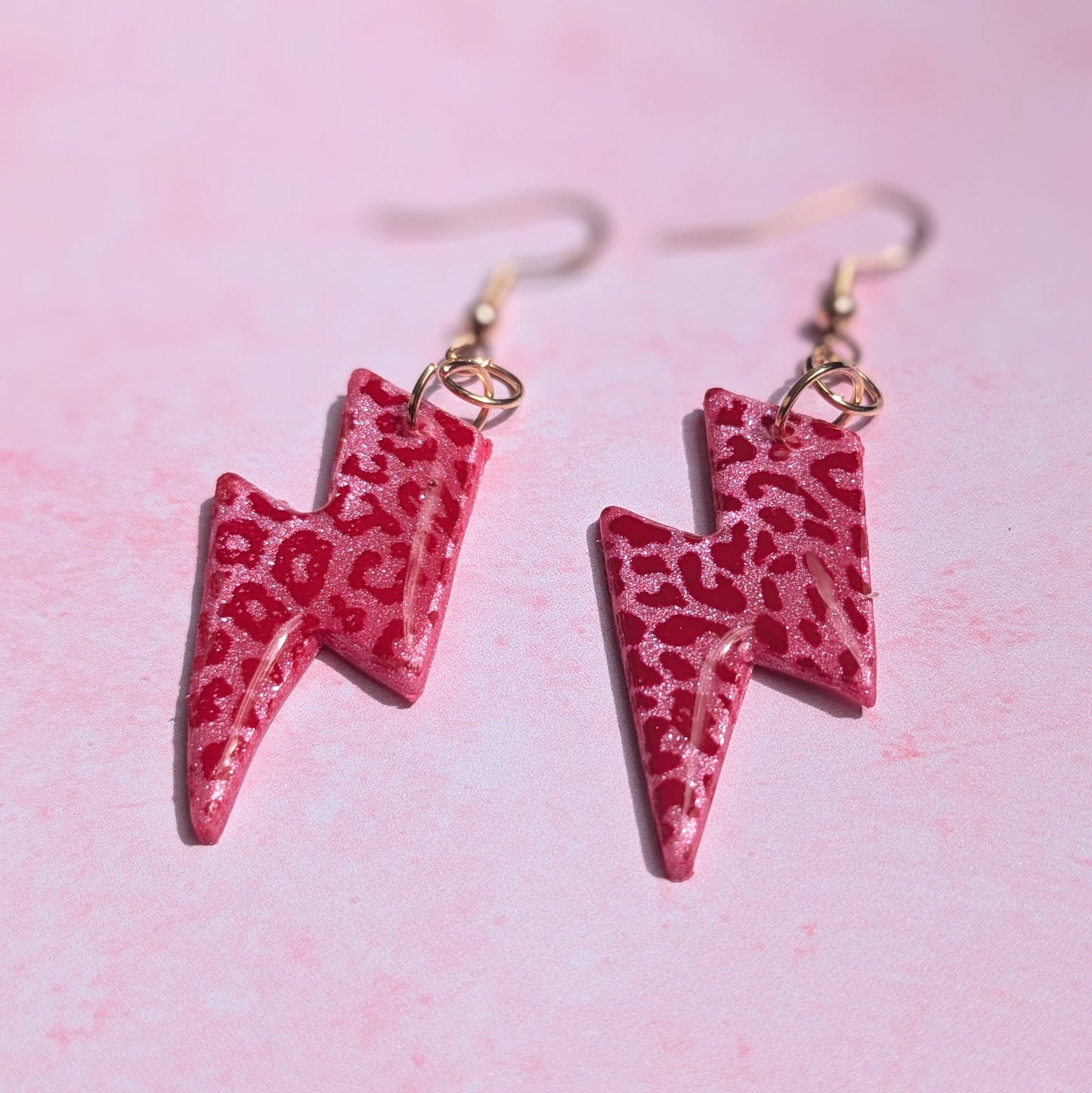 Pink and Red Leopard Print Lightning Bolt Earrings