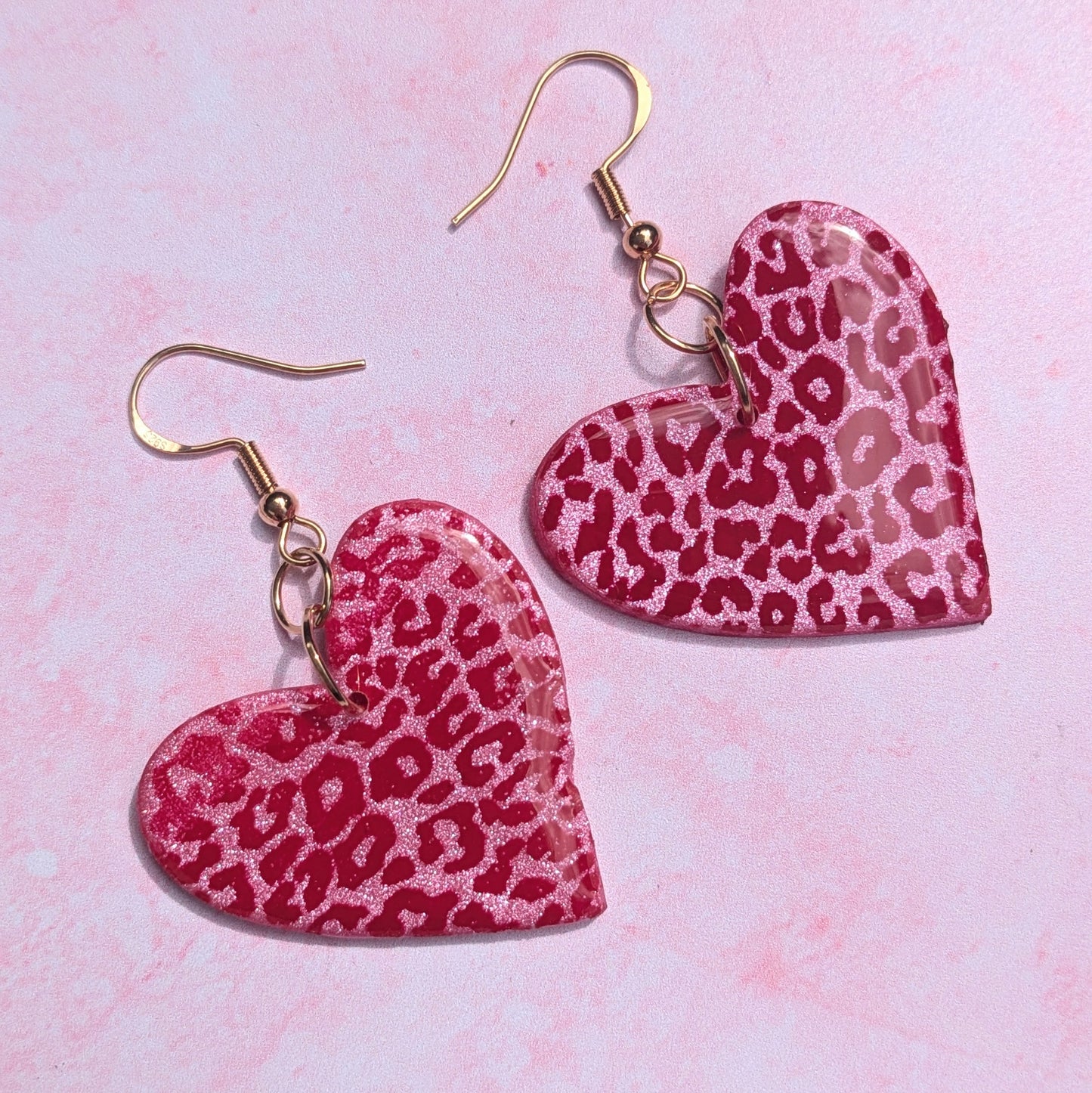 Pink and Red Leopard Print Heart Earrings