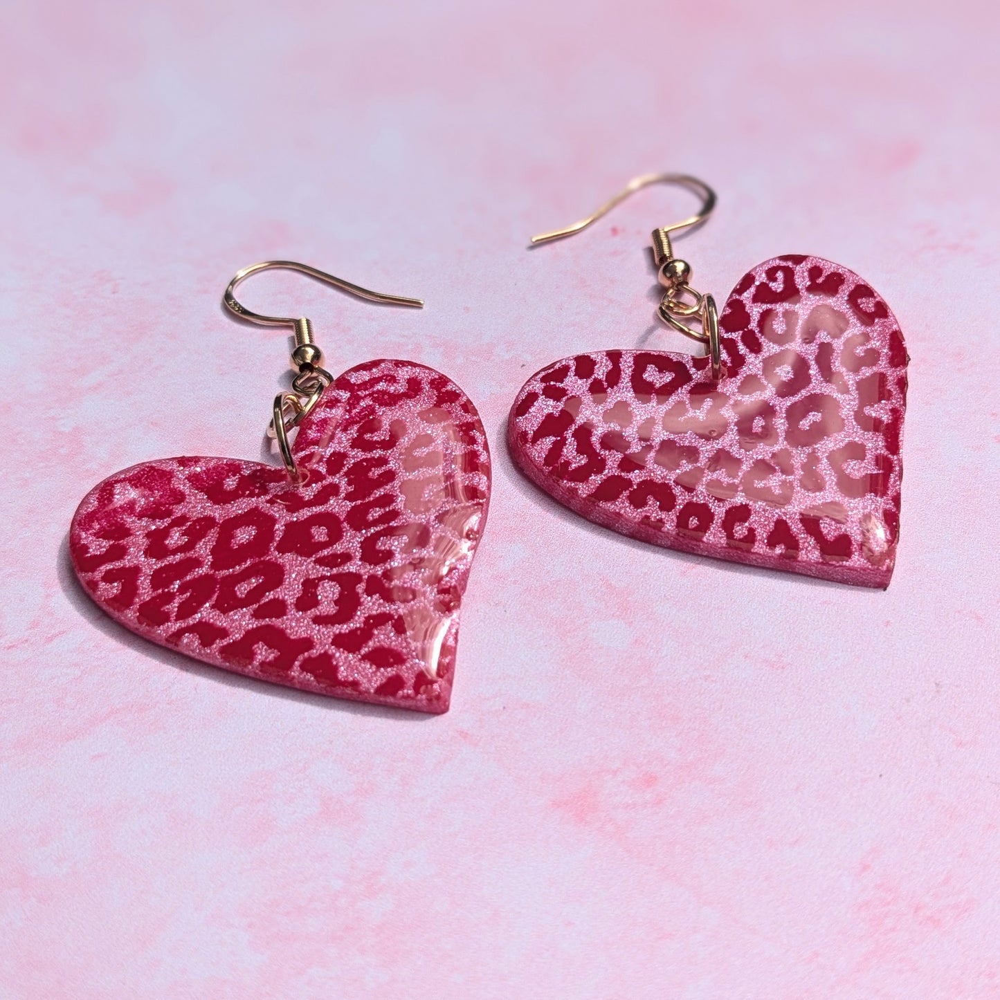 Pink and Red Leopard Print Heart Earrings