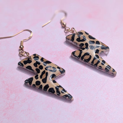 Natural Leopard Print Lightning Bolt Earrings