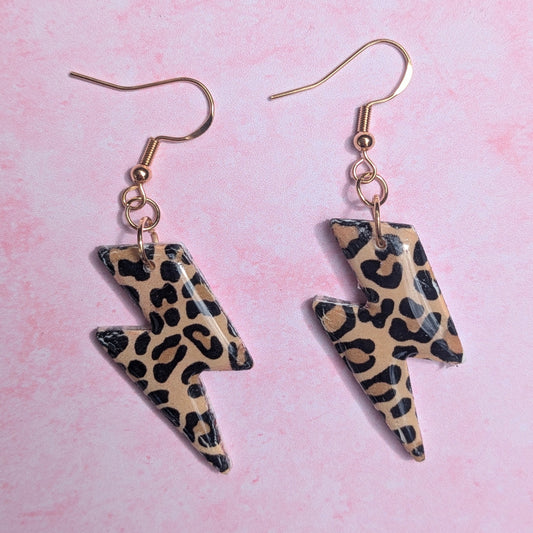 Natural Leopard Print Lightning Bolt Earrings