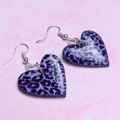 Purple Leopard Print Heart Earrings