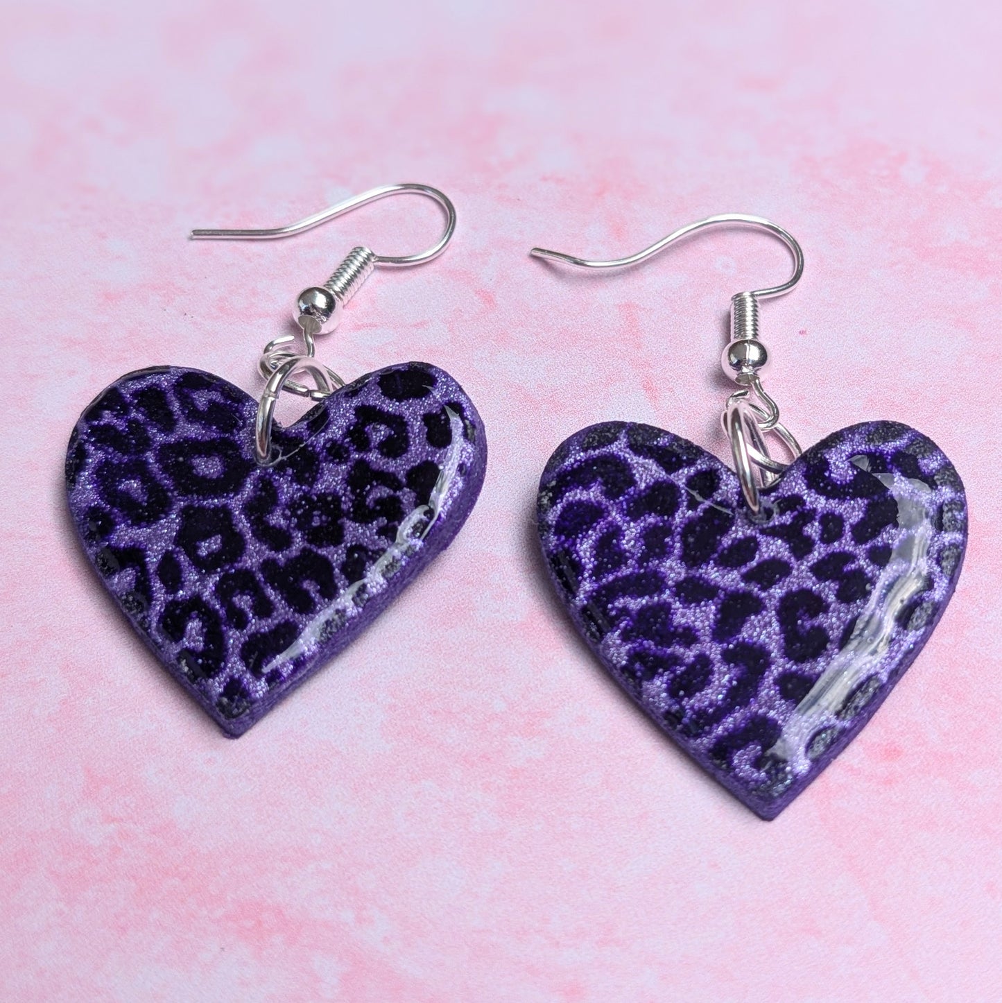 Purple Leopard Print Heart Earrings