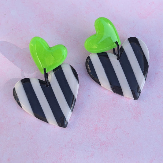 Green, Black and White Striped Heart Stud Drop Earrings