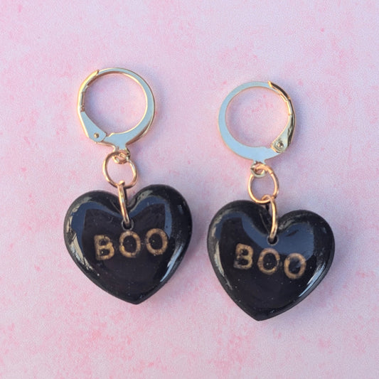 Black and Gold Boo Heart Drop Huggie Earrings