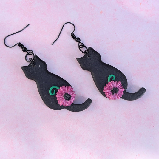 Floral Black Cat Drop Earrings