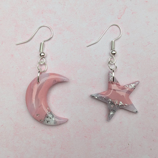 Pink Crystal Effect Star and Moon Earrings