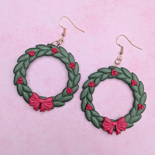 Green Christmas Wreath Drop Earrings