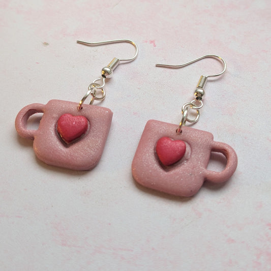 Pink and Red Heart Mug Drop Earrings