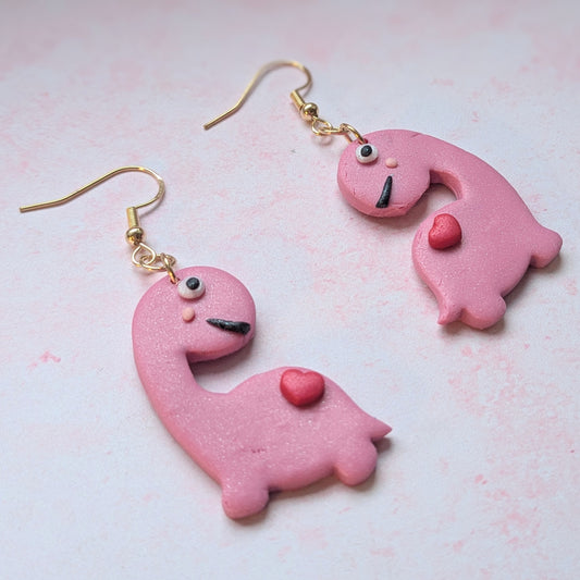 Pink Dinosaur Heart Drop Earrings