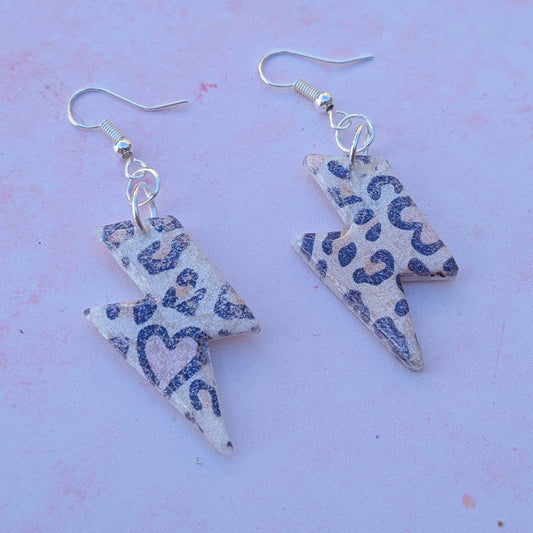 Pastel Pink Heart Animal Print Lightning Bolts Earrings