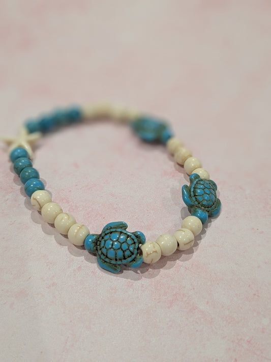 Blue and Cream  Turtle and Starfish Beachy Bead Bracelet